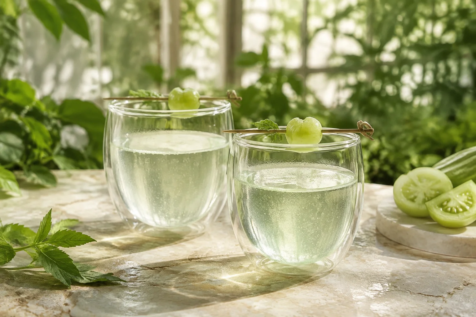 Two clear Glasshouse Whisper green tomato and lovage mocktails with fine bubbles, frozen grape garnishes and greenhouse foliage