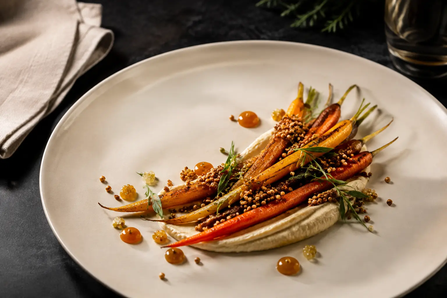 Glazed baby carrots over sunflower miso cream with crisp buckwheat, pickled mustard seeds and tarragon