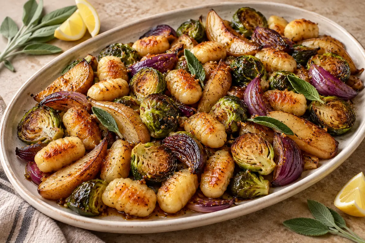 Golden sheet-pan gnocchi with roasted Brussels sprouts, pear wedges and red onion on a cream ceramic platter