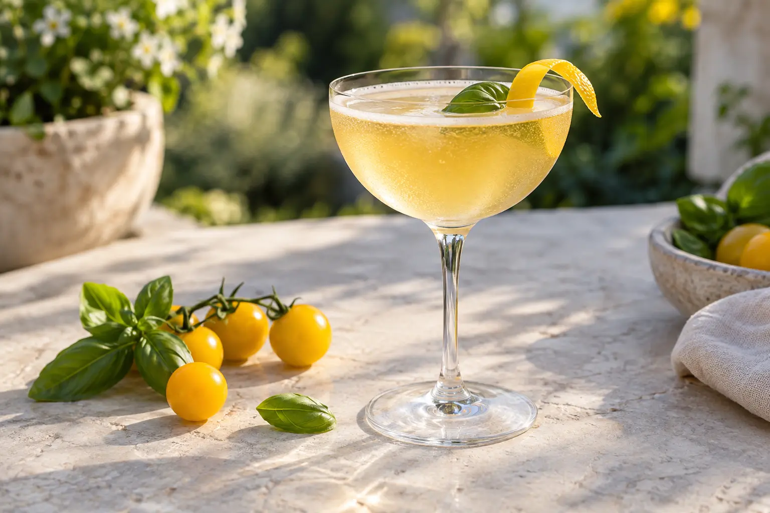 Pale-gold alcohol-free yellow tomato basil tonic in a chilled Nick and Nora glass with a basil leaf and lemon twist