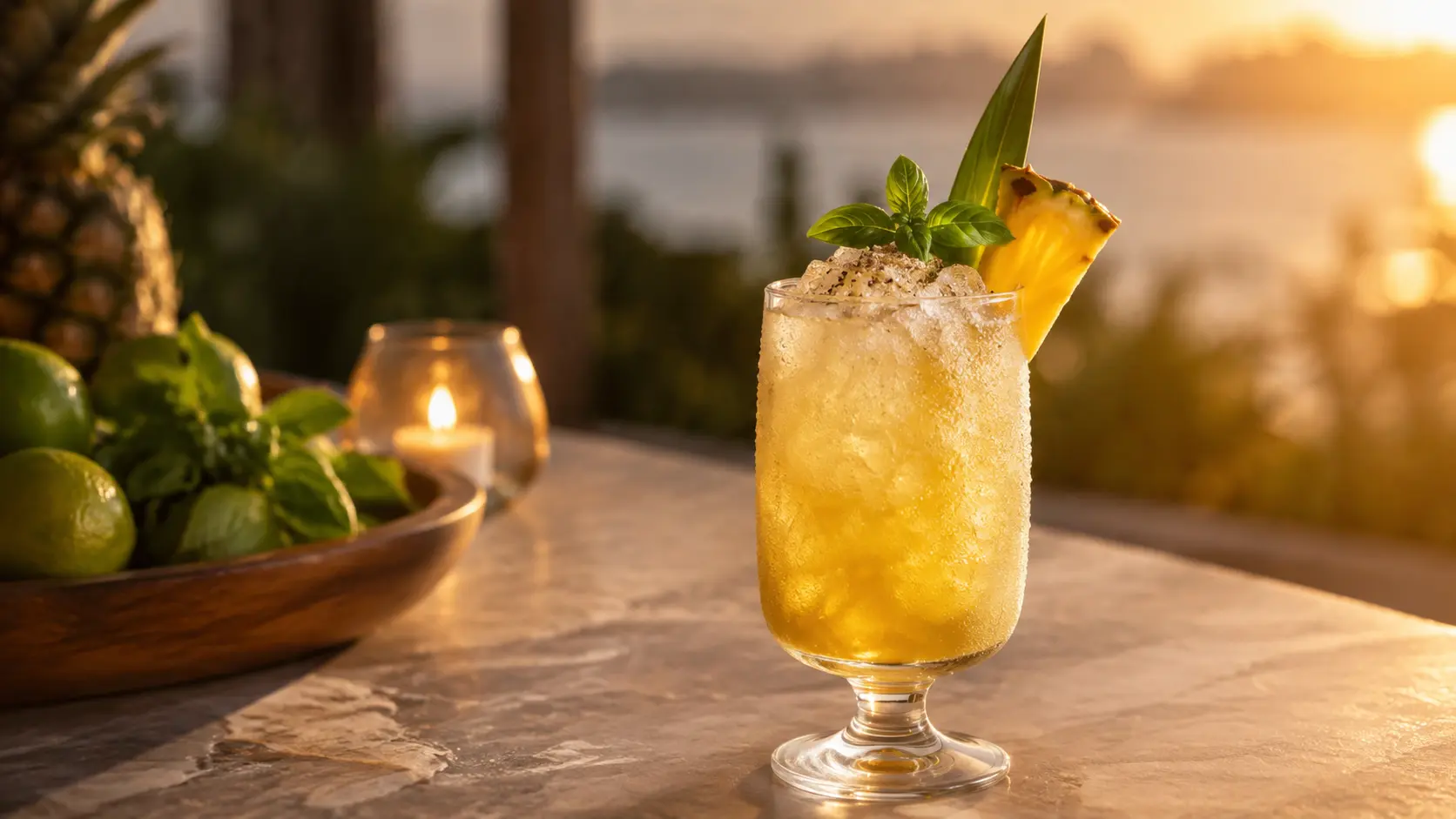 Golden alcohol-free pineapple coriander swizzle with crushed ice, basil and pineapple garnish in a footed goblet