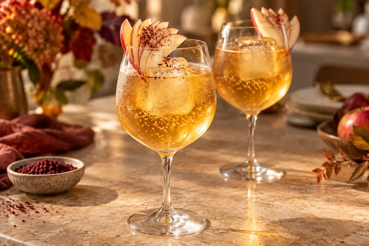 Golden apple saffron and sumac mocktail in stemmed glasses with apple-fan garnish