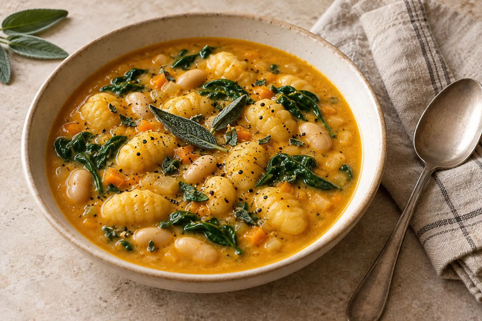 Creamy vegan pumpkin gnocchi soup with cannellini beans, baby spinach and sage in a ceramic bowl