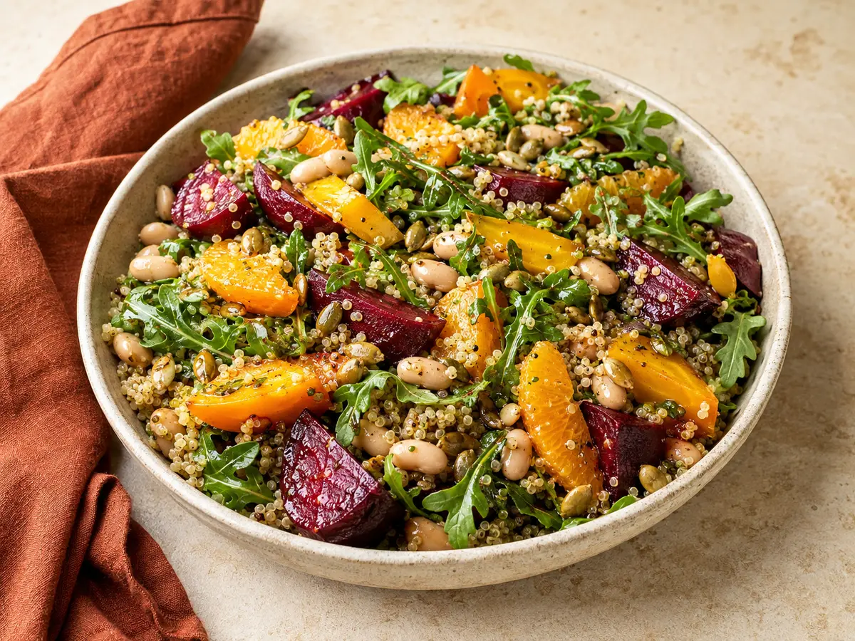 Roasted red and golden beet quinoa salad with white beans, arugula, orange segments and pumpkin seeds in a ceramic bowl.