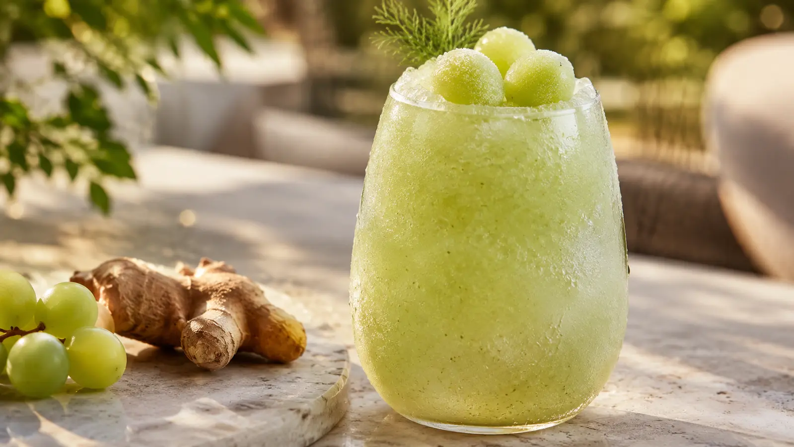 Pale green frozen grape and ginger mocktail in a chilled stemless glass with frosted grapes and a fennel frond