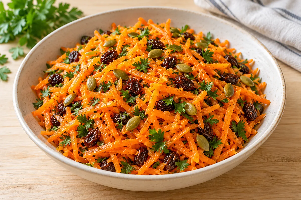 Vegan grated carrot and raisin salad with pumpkin seeds and parsley in a cream bowl, lightly dressed with orange, lemon and olive oil.