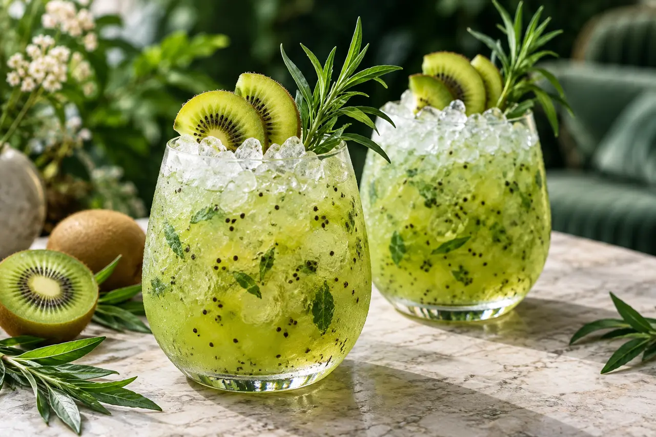 Two vivid green kiwi and tarragon mocktails in stemless goblets with pebble ice, kiwi fans and fresh tarragon.