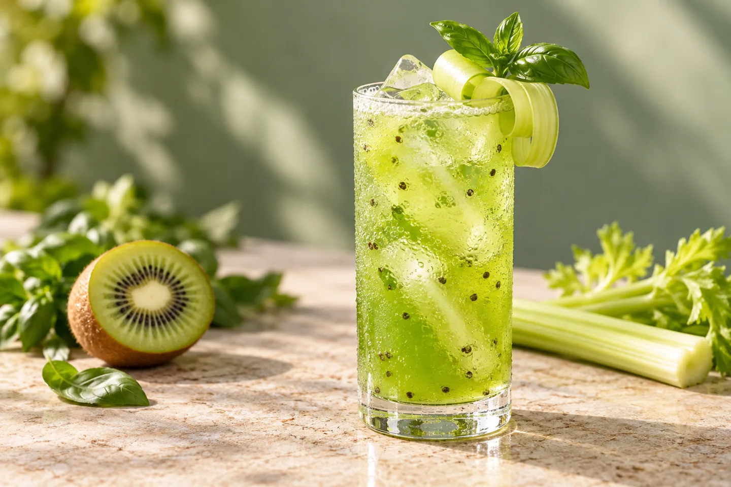 Emerald kiwi, celery and basil alcohol-free cooler in a Collins glass with clear ice and a curled celery ribbon