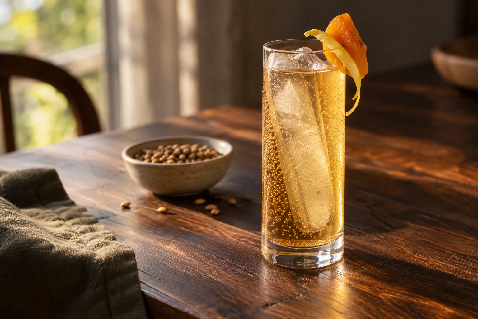 Pale amber toasted barley and apricot mocktail with fine bubbles, a clear ice spear, dried apricot and lemon peel in a Collins glass