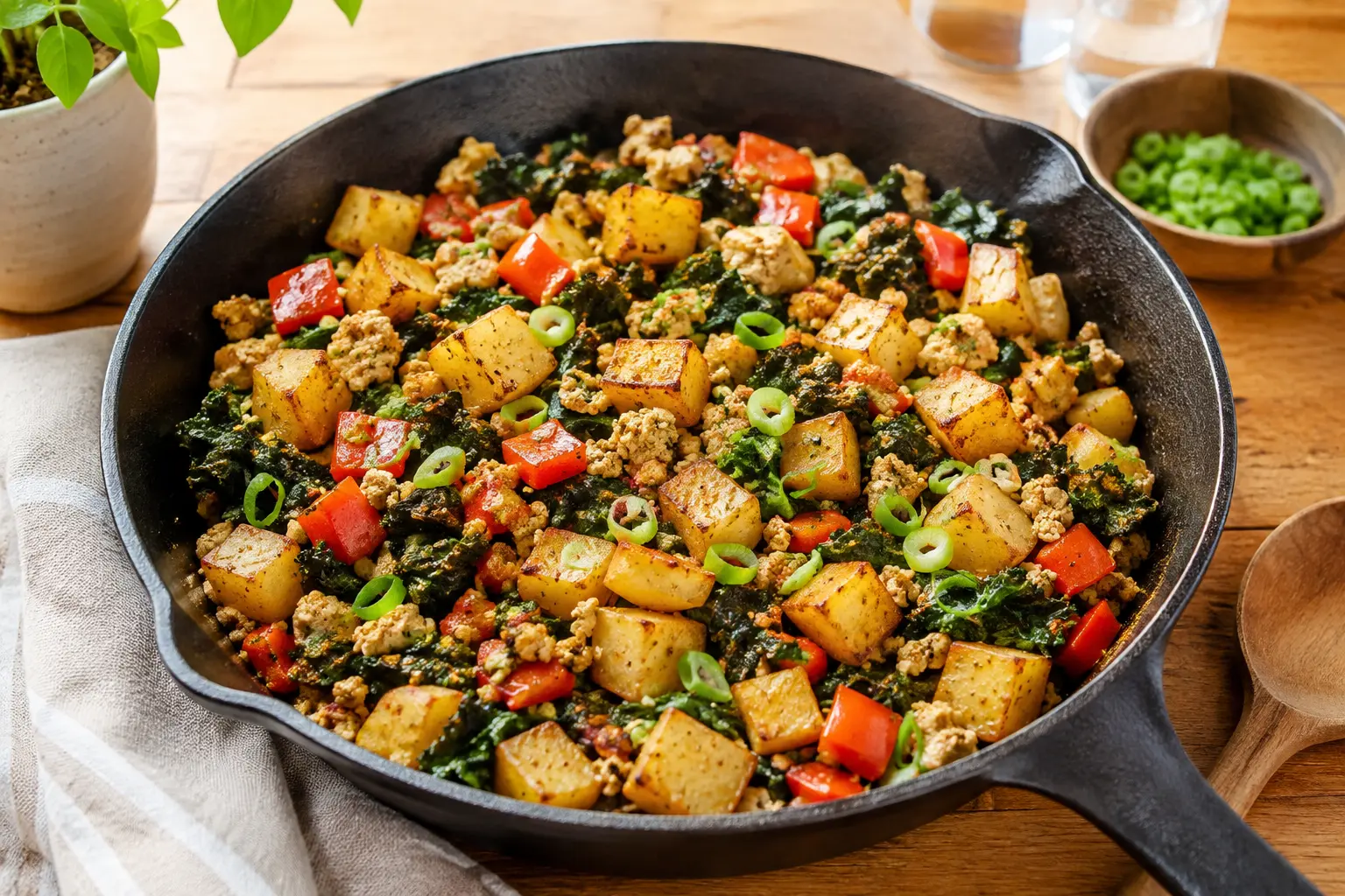 Crispy vegan potato, kale, red pepper and tempeh breakfast skillet topped with sliced green onions