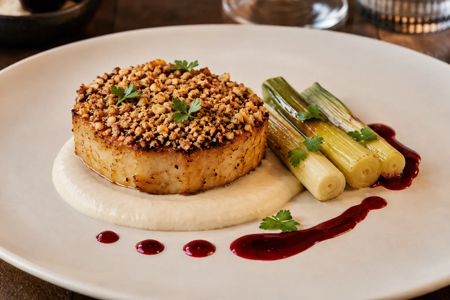 Hazelnut-crusted celeriac steak over cannellini purée with braised baby leeks and glossy red currant jus