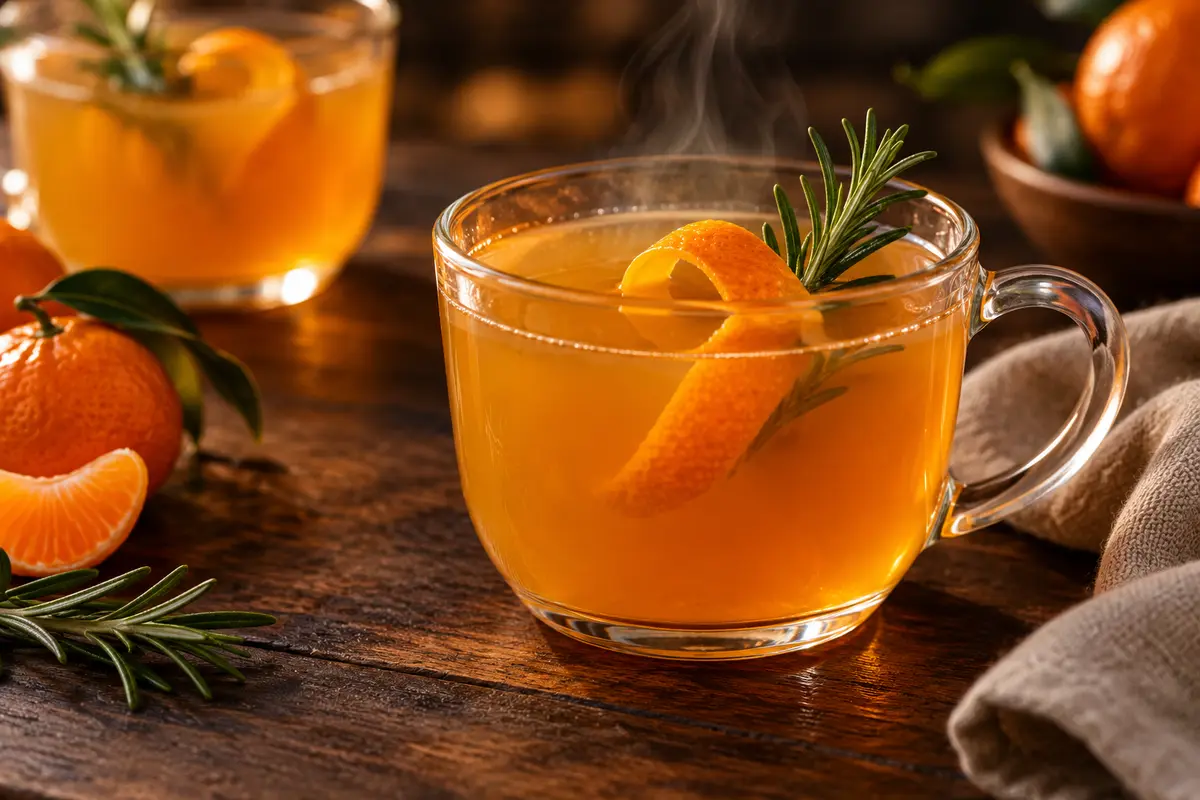 Warm clementine-rosemary mocktail steaming in a clear heatproof cup with a clementine peel curl and fresh rosemary garnish.