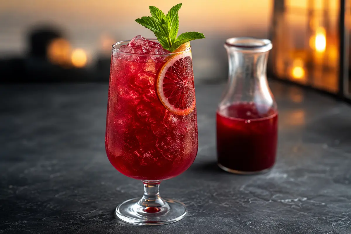 Ruby hibiscus tamarind vegan mocktail over crushed ice with blood orange and mint in a stemmed glass.