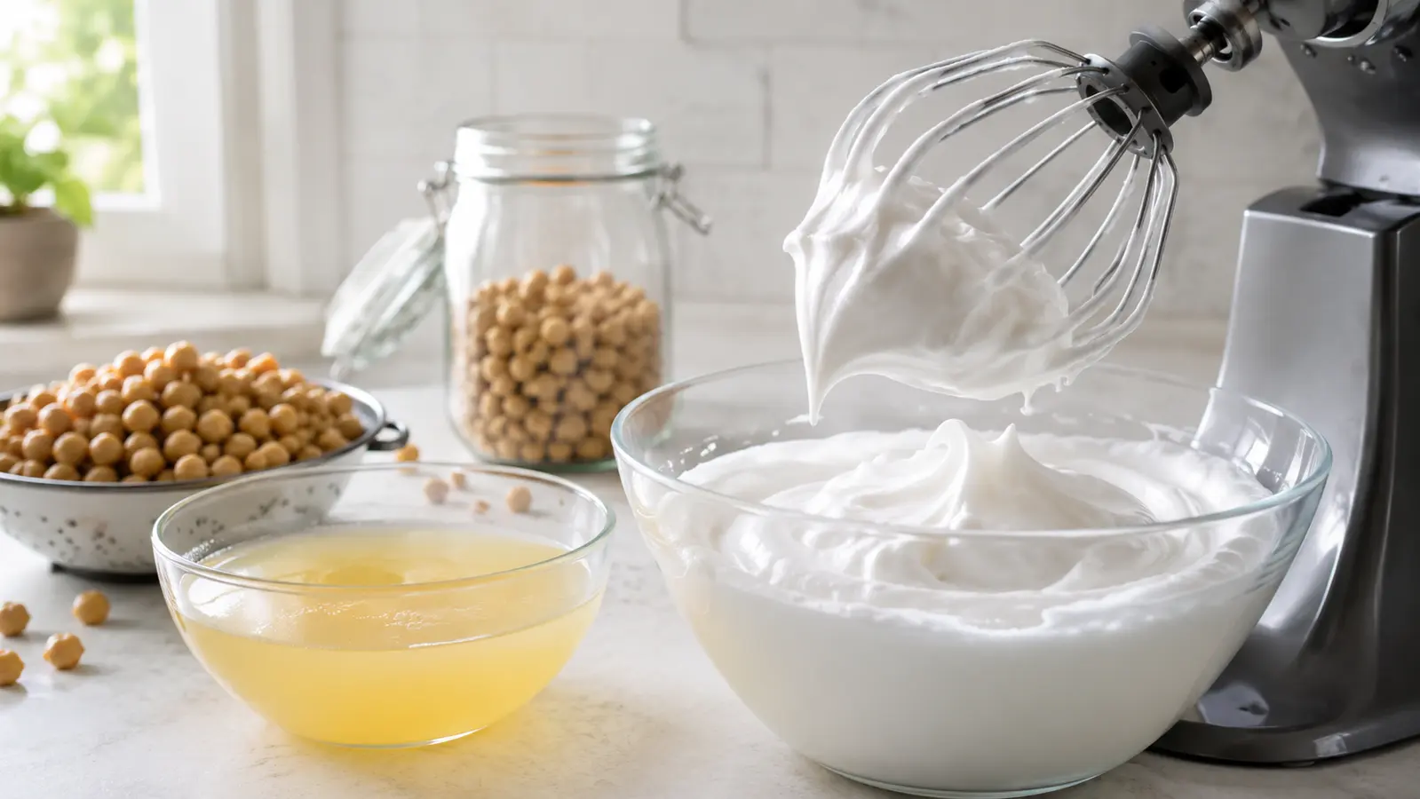 Whipped aquafaba forming glossy peaks beside chickpeas and a bowl of pale golden chickpea cooking liquid