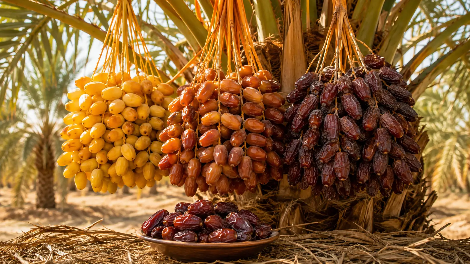Date palm clusters showing yellow khalal, amber rutab and dark brown tamr stages with ripe dates in a bowl