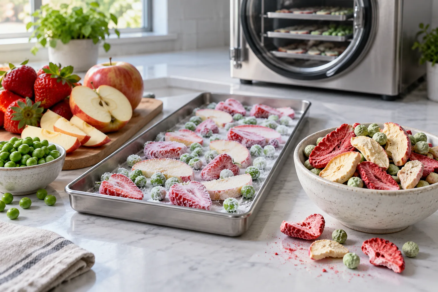 Freeze-dried strawberries, apple slices and peas beside fresh produce and a stainless freeze-dryer tray