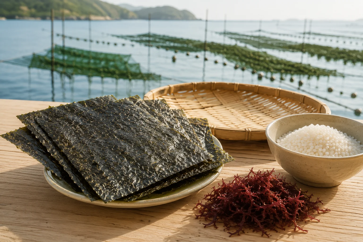 Crisp nori seaweed sheets beside fresh red seaweed and a drying screen overlooking coastal cultivation nets