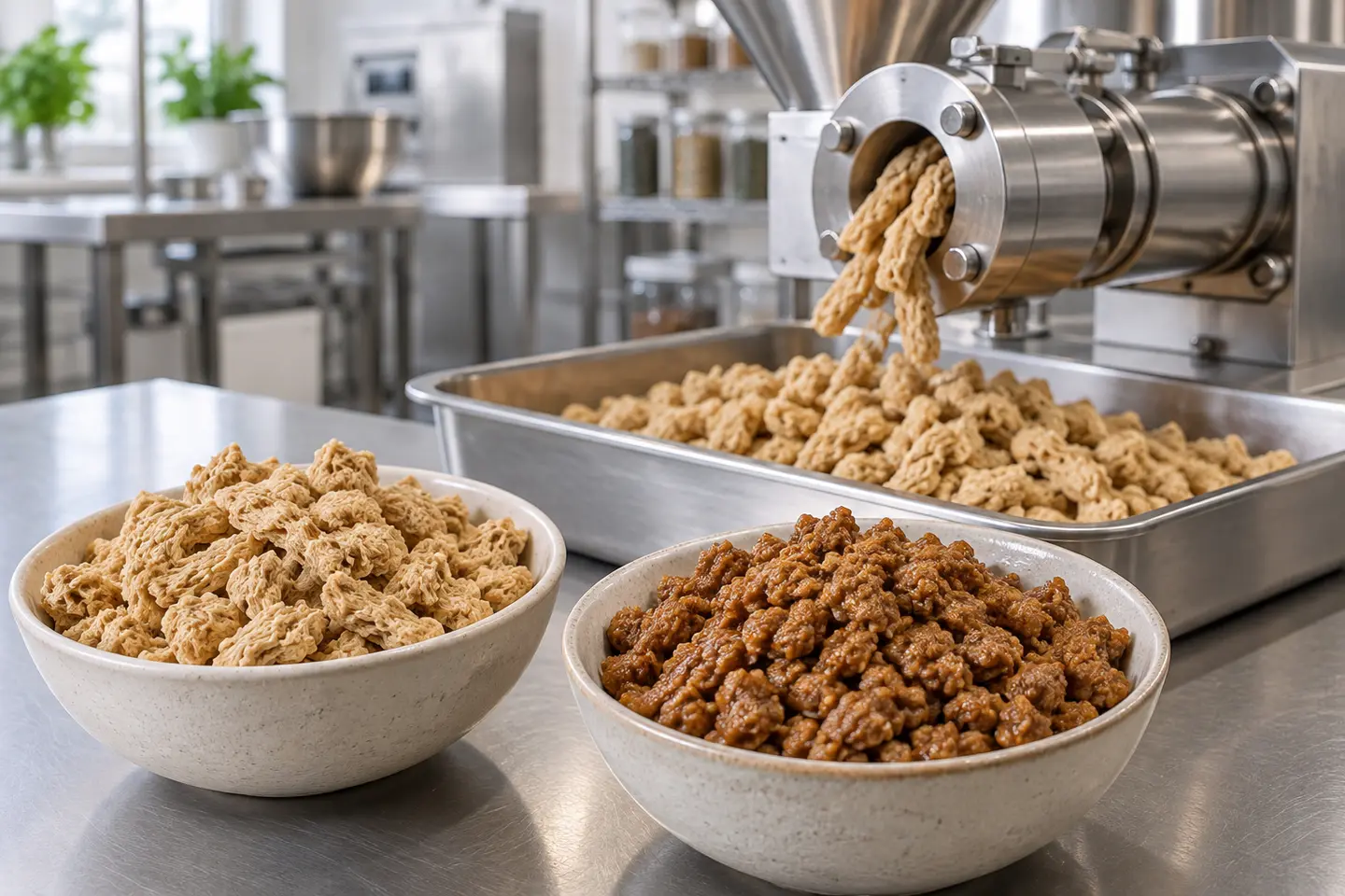 Dry and hydrated textured vegetable protein beside a stainless-steel food extruder producing porous plant-protein pieces