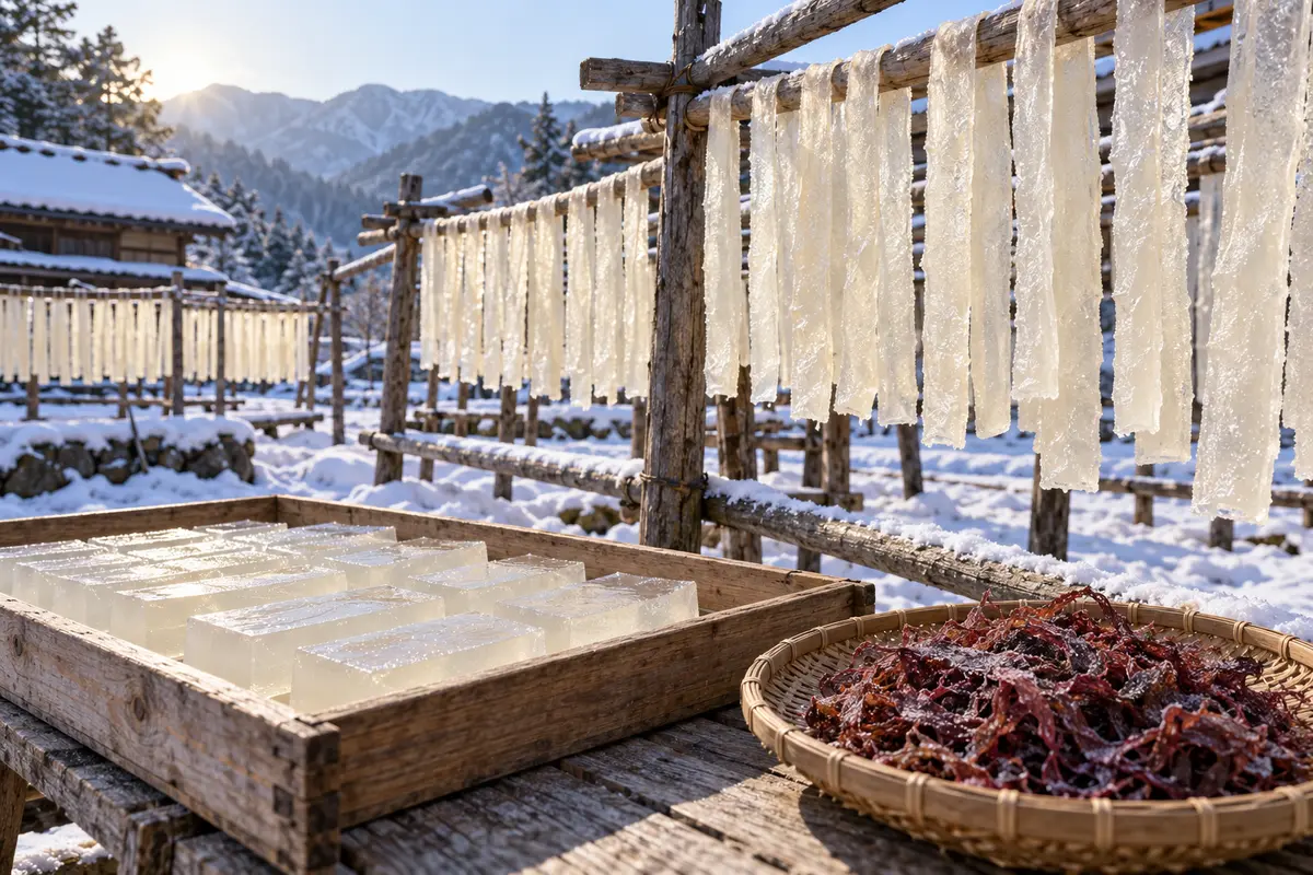 Traditional agar strips drying outdoors in winter beside red seaweed and a clear vegan agar jelly