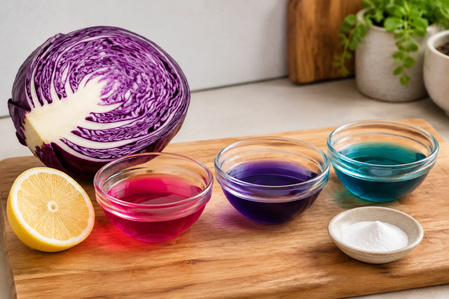 Red cabbage beside three bowls of cabbage liquid changing from pink to purple and blue-green with lemon and baking soda