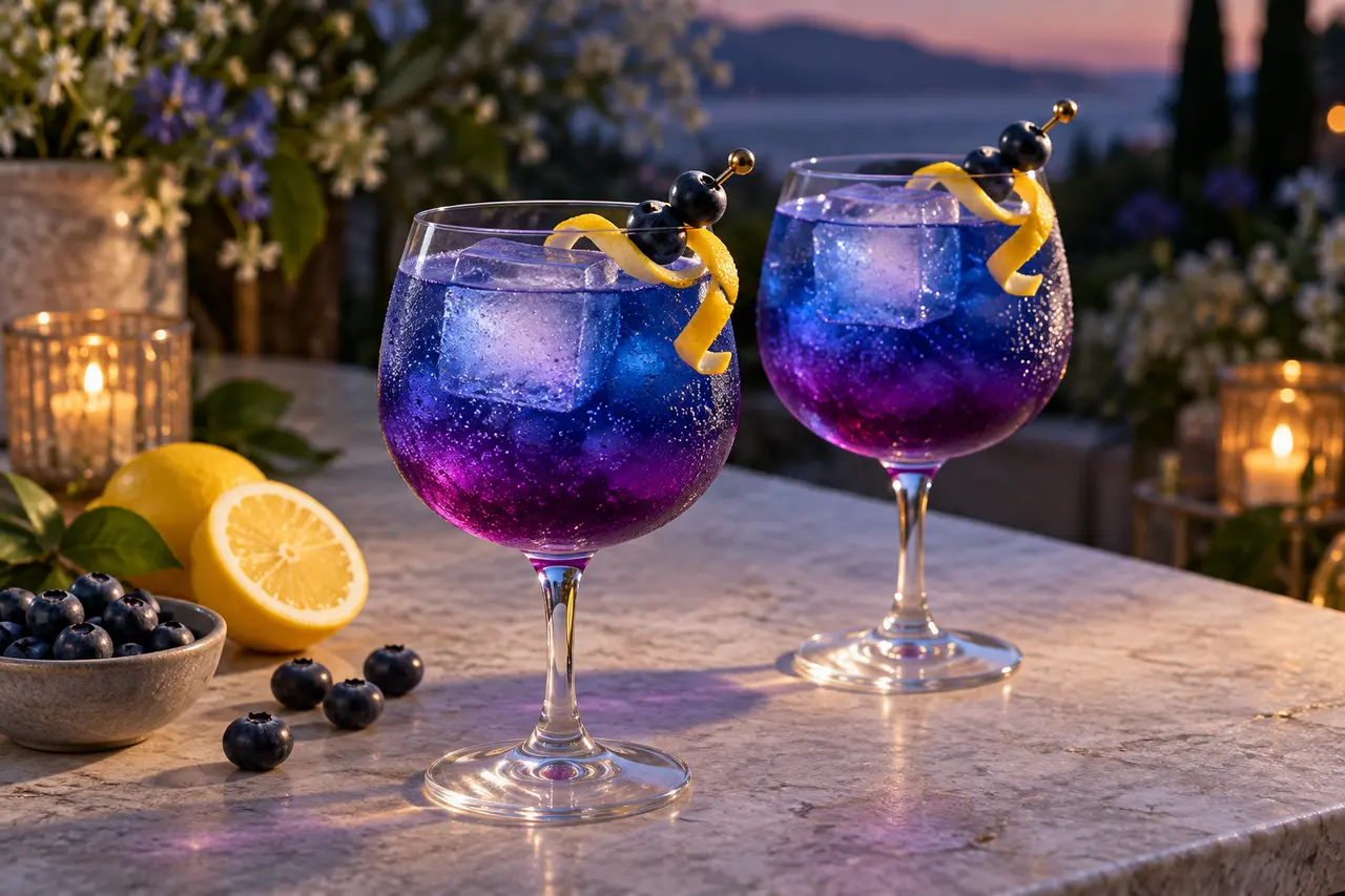 Indigo blueberry and butterfly pea mocktails with lemon twists and fresh blueberry garnishes