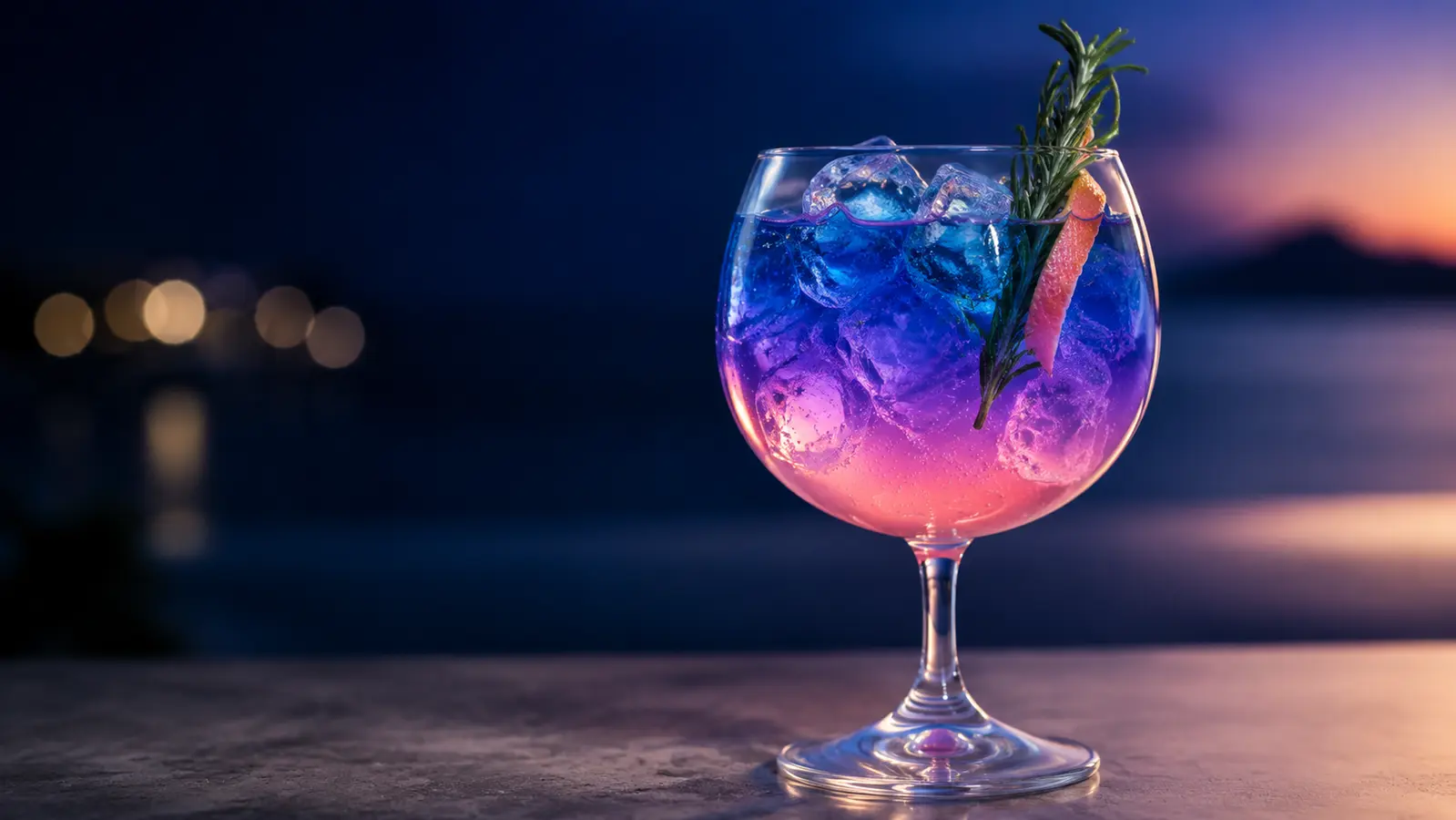 Blue-to-violet butterfly pea grapefruit tonic mocktail with clear ice, rosemary and grapefruit peel in a stemmed goblet