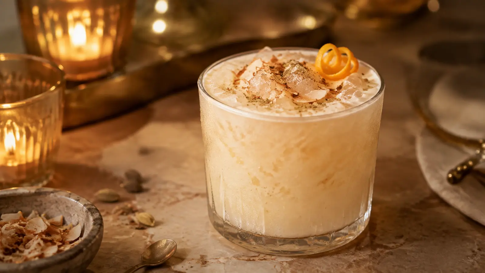 Ivory toasted rice, coconut and cardamom mocktail over pebble ice with toasted coconut and an orange twist
