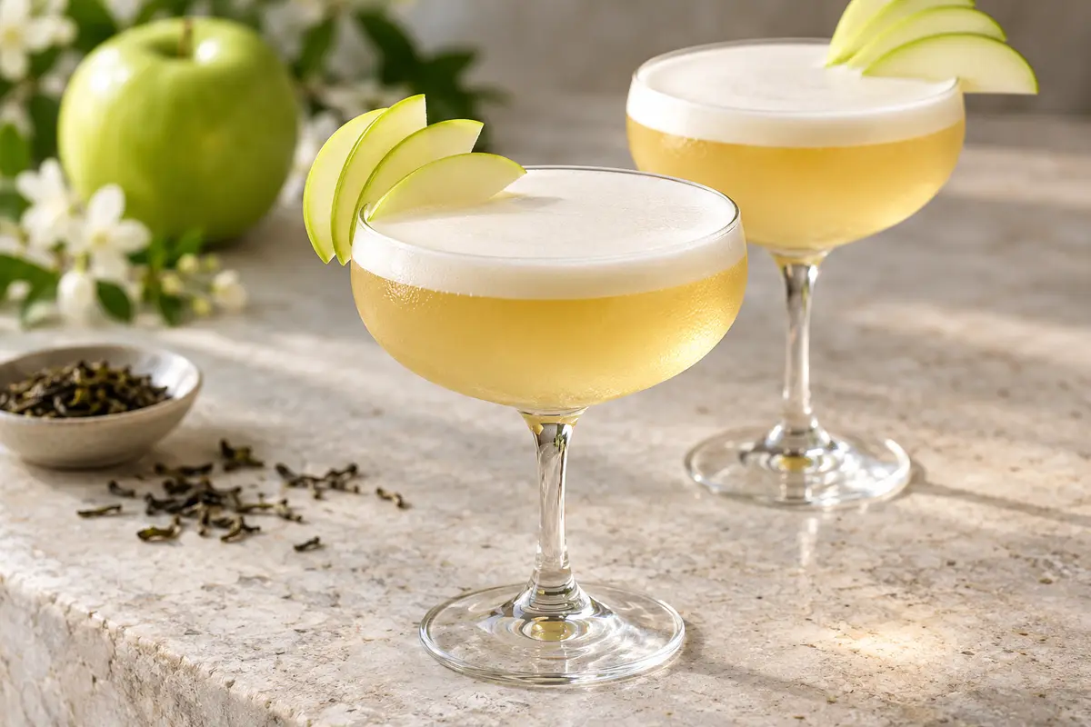 Two pale-gold apple and jasmine mocktails in coupe glasses with white aquafaba foam and green apple fans