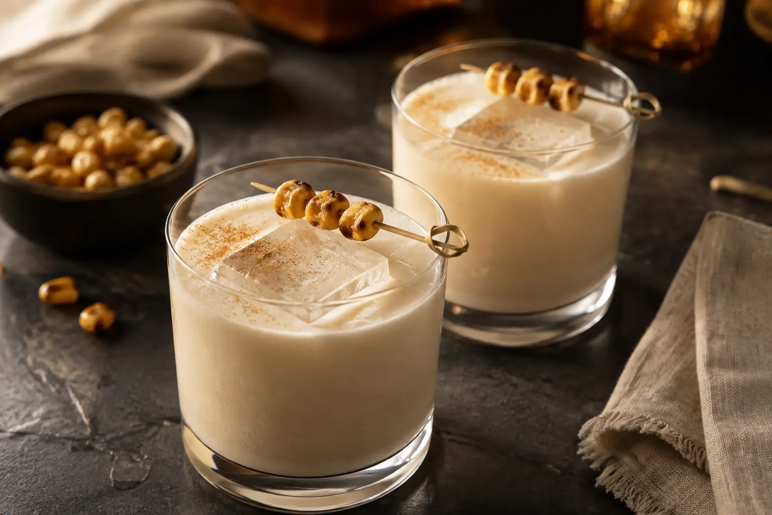 Two pale gold toasted sweet corn and rice horchata mocktails over large clear ice cubes with cinnamon and corn-kernel garnishes