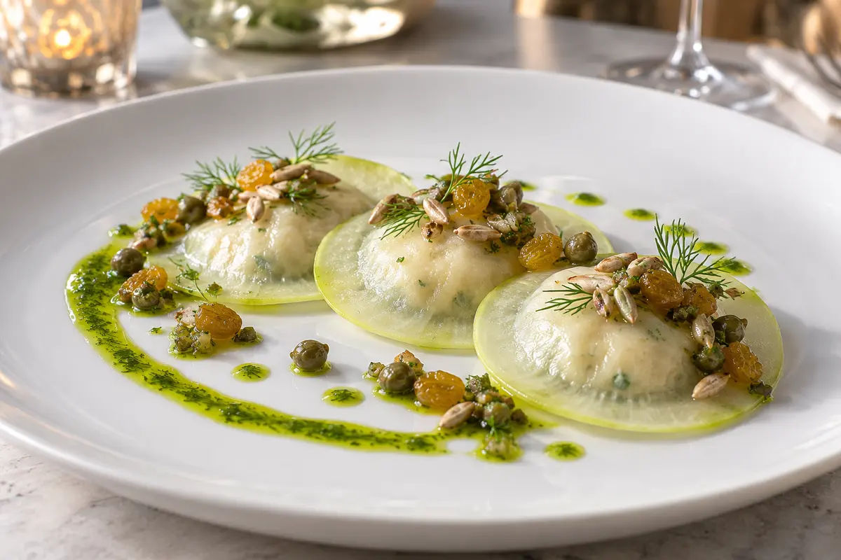 Vegan kohlrabi ravioli with lemon sunflower cream, dill oil and caper-raisin relish on a white plate