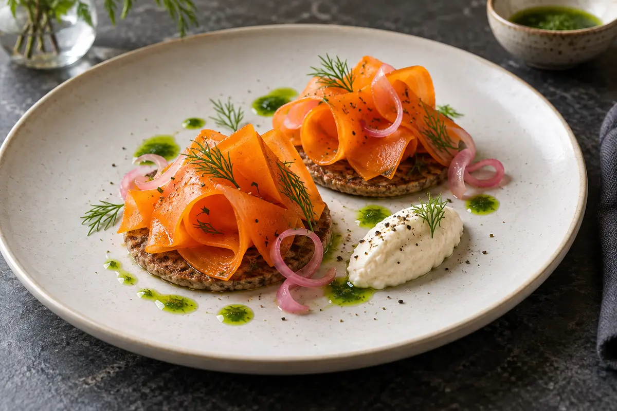Lapsang-roasted carrot ribbons on buckwheat blini with vegan horseradish crème, dill oil and pickled shallot