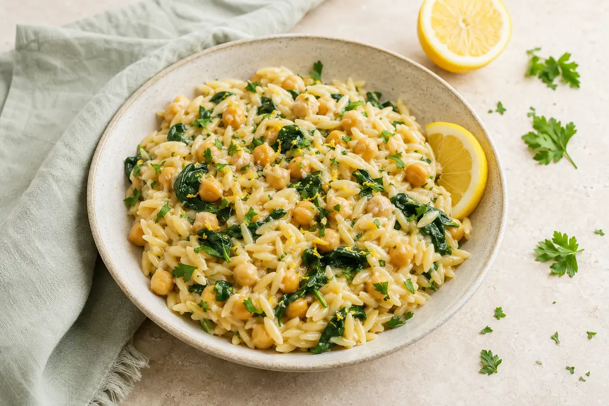 Creamy vegan lemon chickpea orzo with spinach and parsley in a ceramic bowl