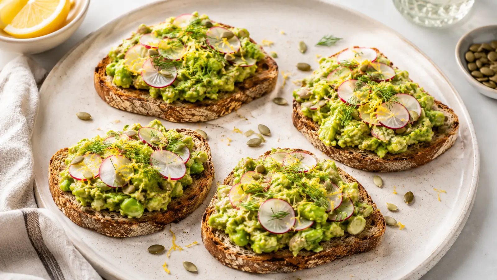 Lemony smashed edamame on whole-grain toast topped with radish slices, fresh dill, lemon zest and pumpkin seeds