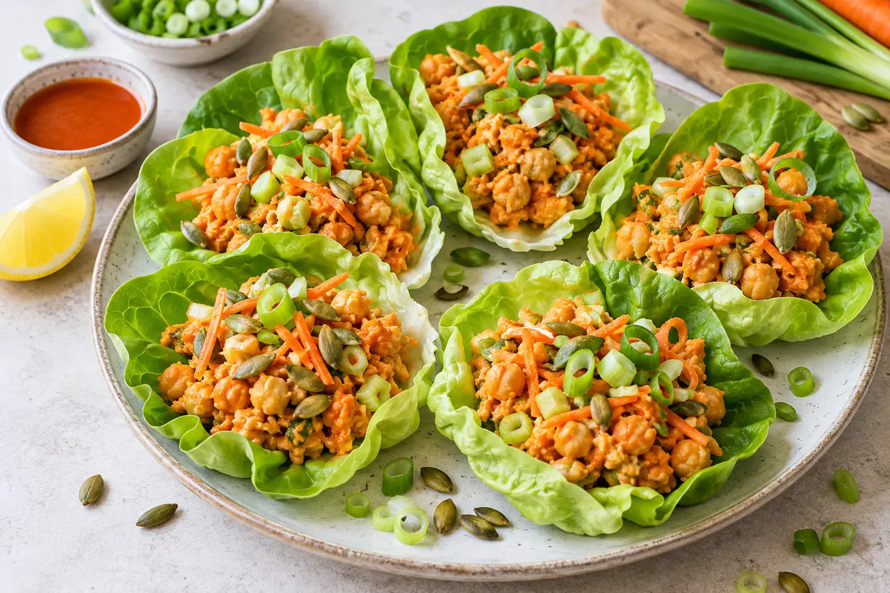 Buffalo chickpea lettuce cups topped with carrot, scallions and pumpkin seeds on a ceramic platter