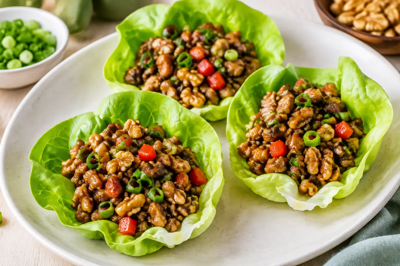 Three butter lettuce cups filled with glossy mushroom and walnut filling, red pepper and green onion on a pale ceramic platter