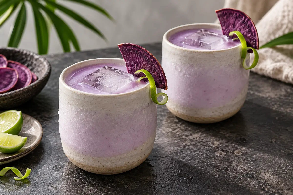 Two lavender vegan purple sweet potato coconut mocktails in ceramic tumblers with clear ice and crisp purple garnish