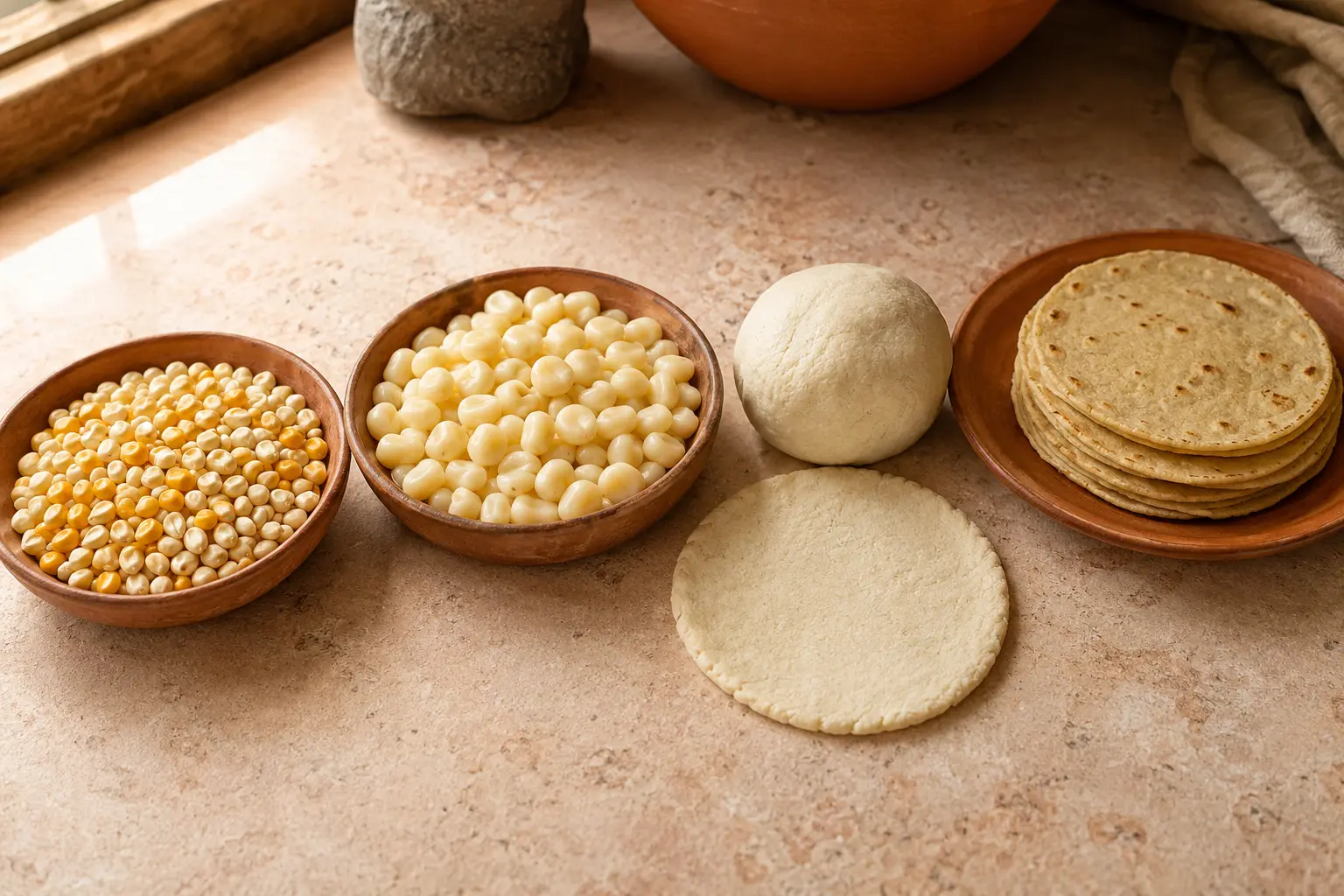 Dry maize, washed nixtamalized corn, fresh masa dough and cooked corn tortillas arranged across a warm kitchen surface