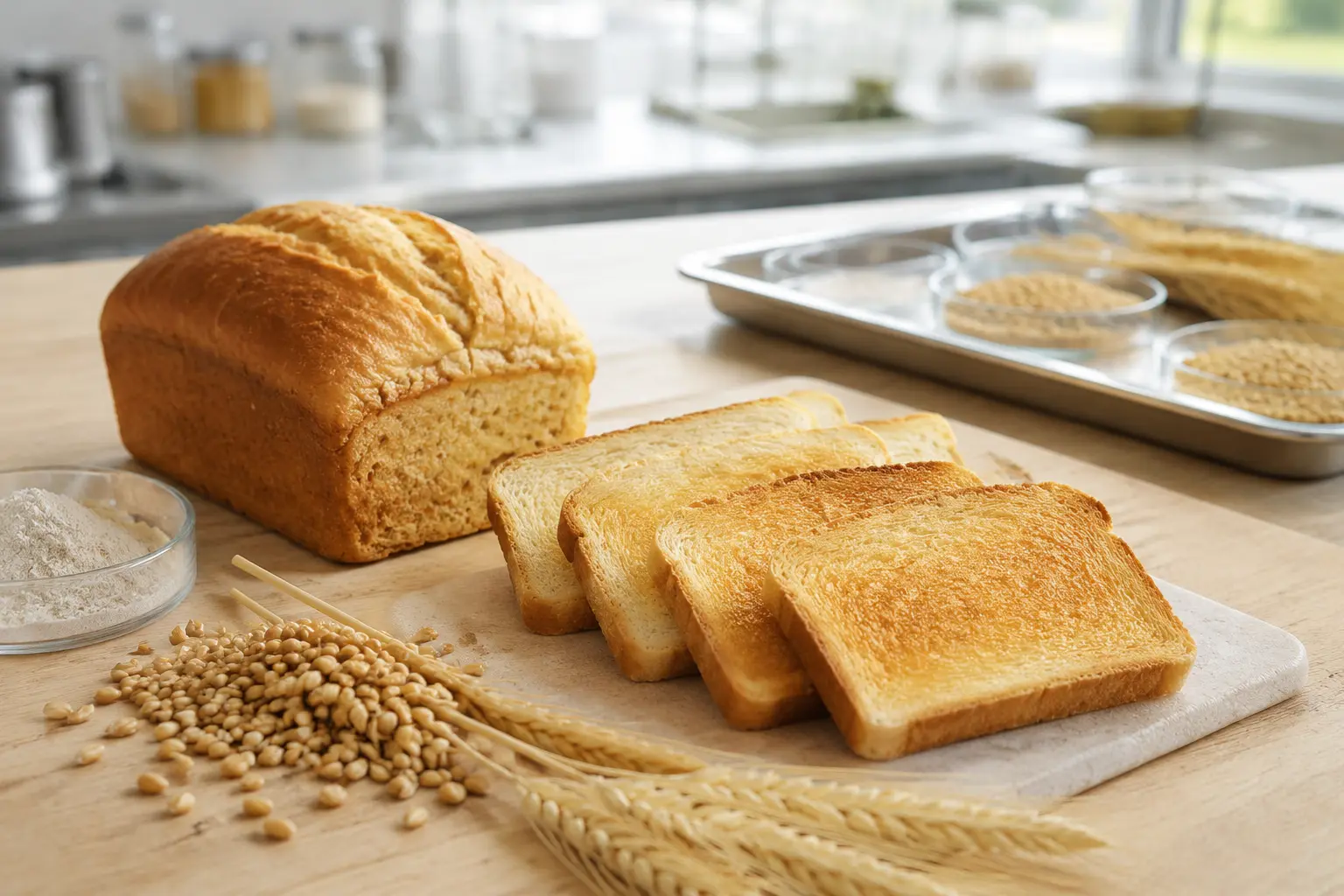 Golden vegan toast, wheat kernels, flour and a bread loaf arranged on a bright food science worktable