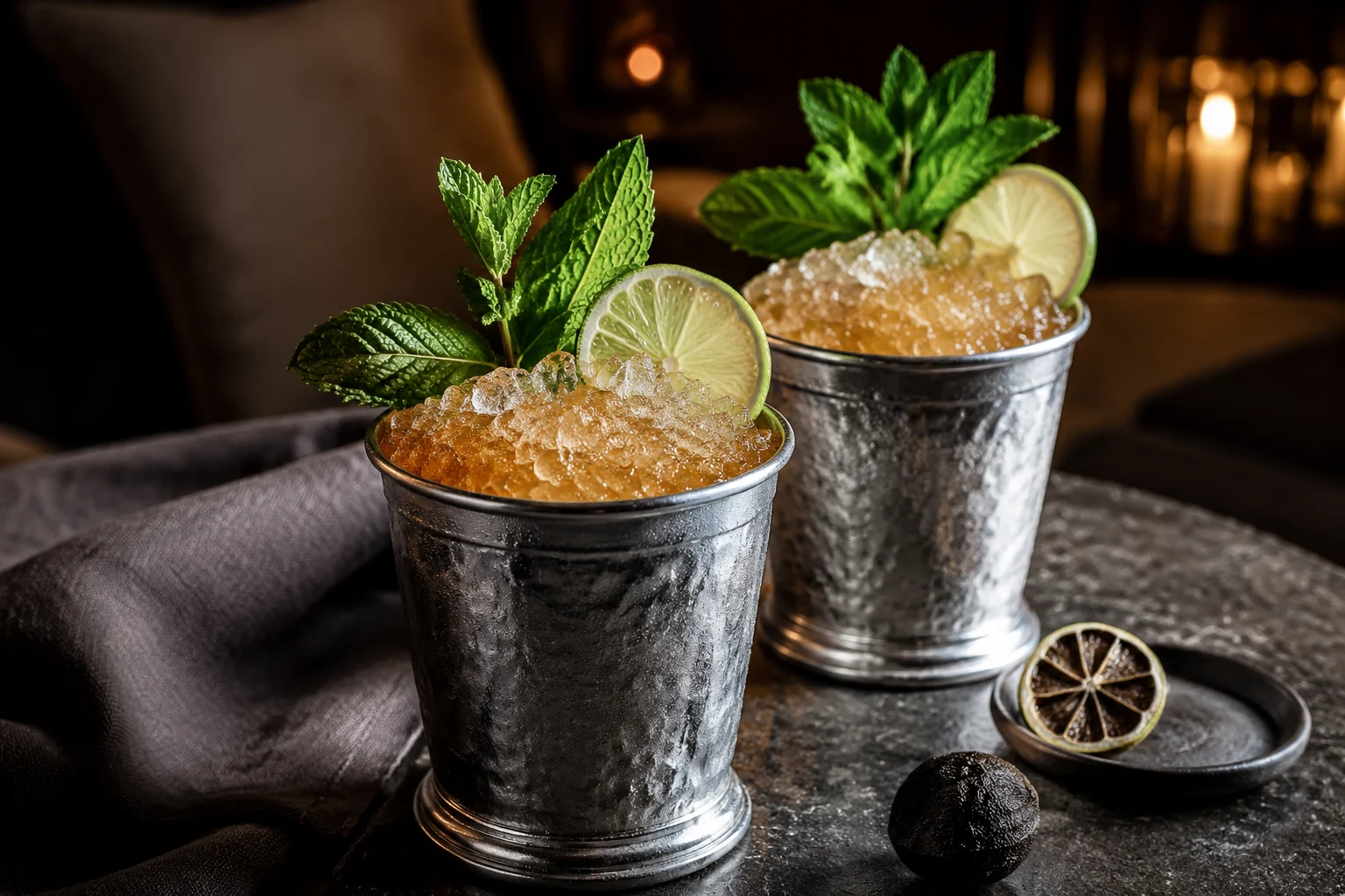 Two smoky amber dried black lime and mint julep mocktails in silver cups over crushed ice with lime wheels