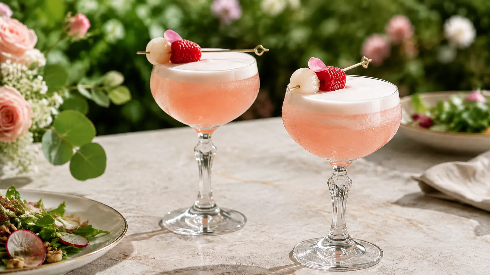 Two vegan lychee raspberry rose mocktails with aquafaba foam in chilled Nick and Nora glasses