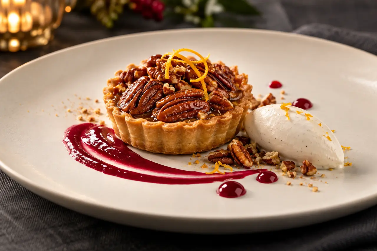 Elegant vegan maple-pecan tartlet with cranberry gel, vanilla oat chantilly, toasted pecans and orange zest on an ivory plate.