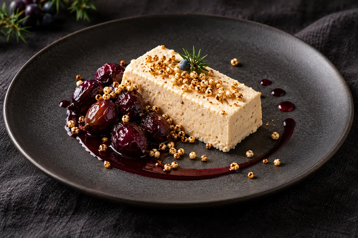 Vegan maple sorghum semifreddo with roasted Concord grapes, juniper syrup and puffed sorghum on a charcoal plate