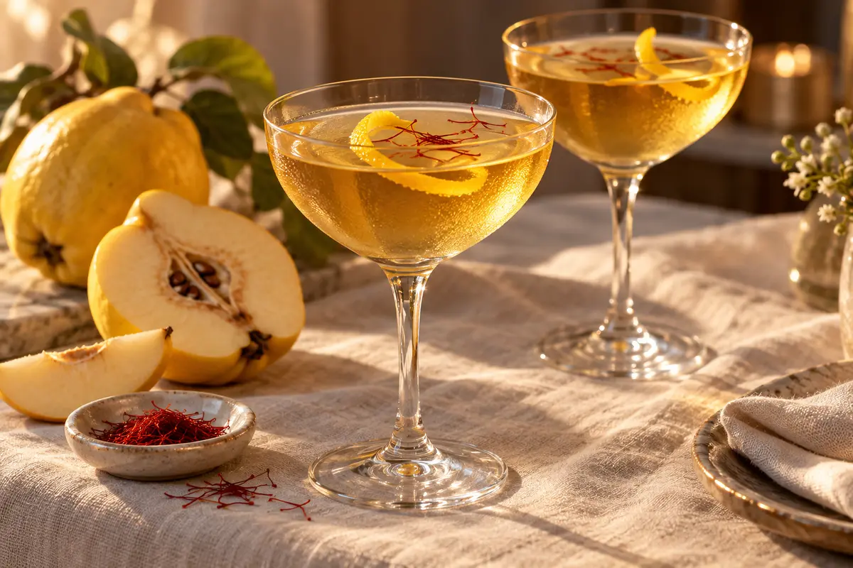 Clear amber-gold quince and saffron mocktail in a chilled Nick and Nora glass with lemon twist and saffron garnish