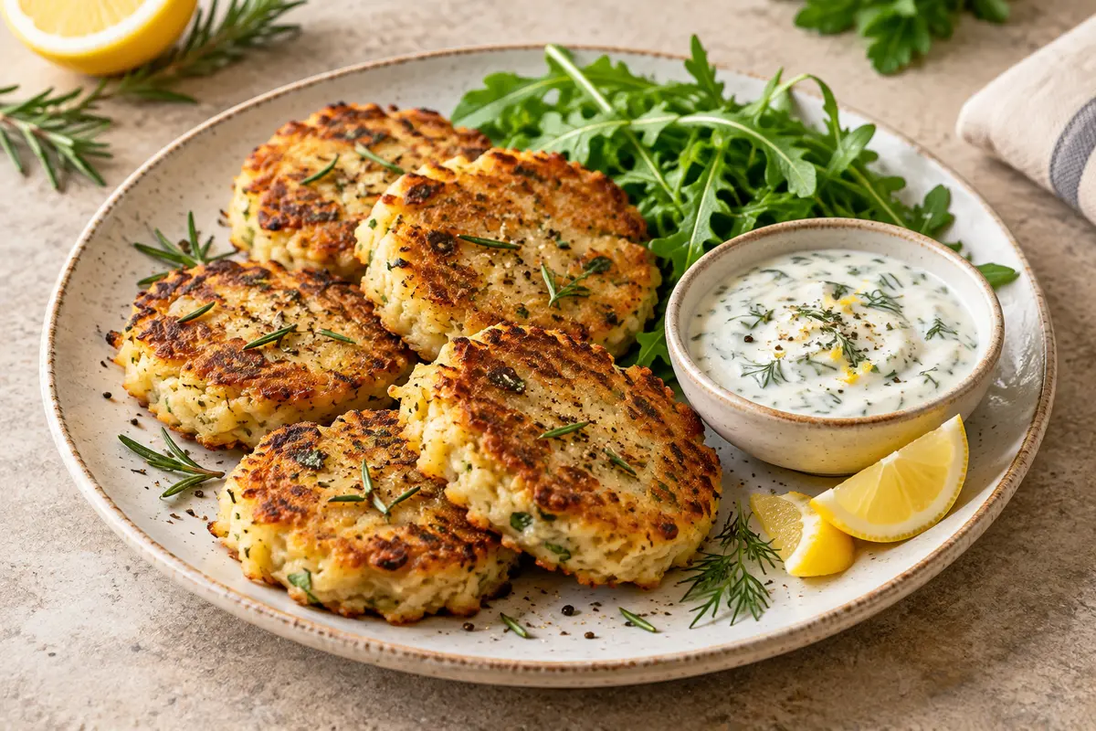 Golden rosemary parsnip-potato cakes with lemon-dill vegan yogurt and fresh arugula