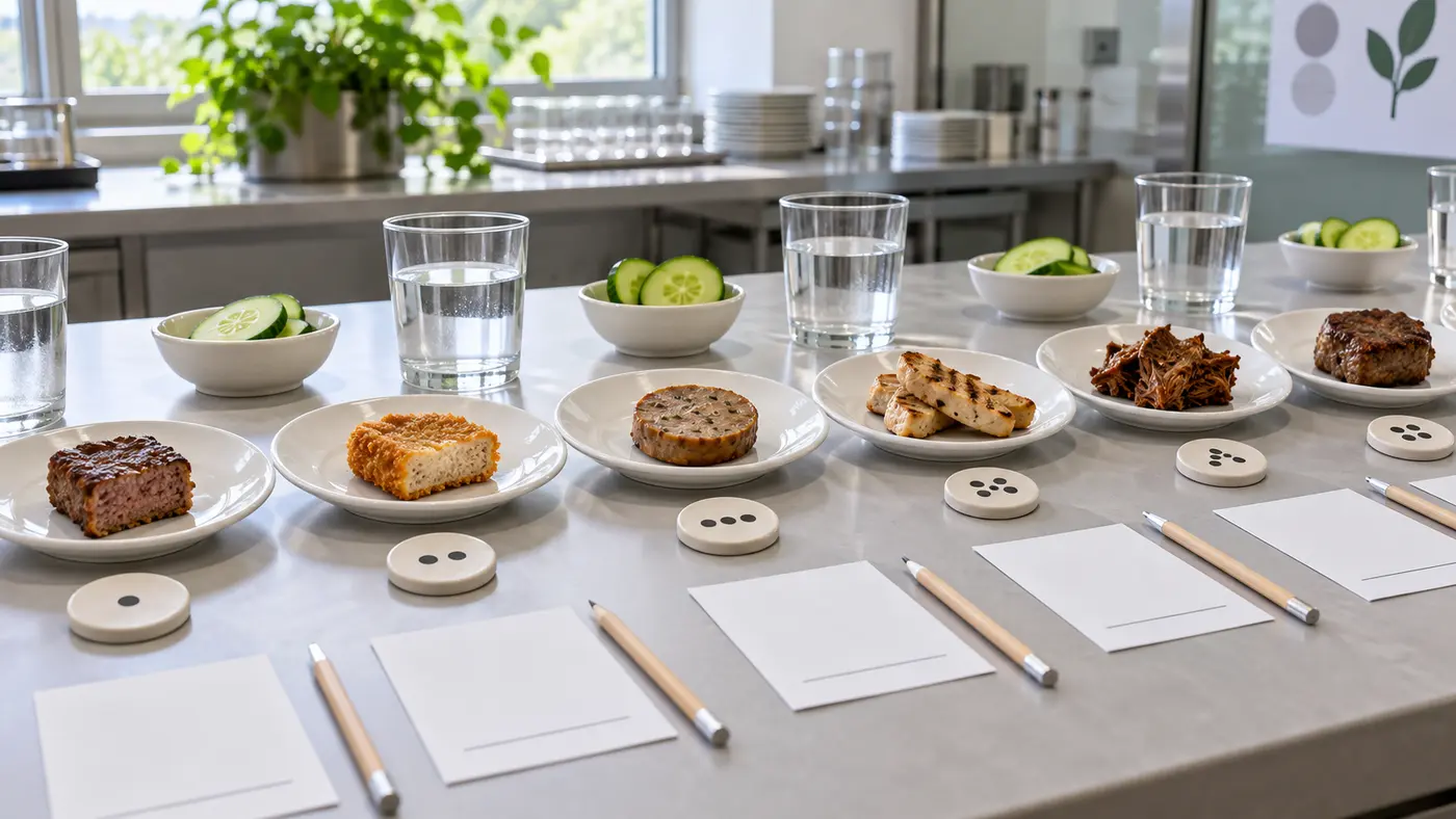 Blind sensory tasting setup with unbranded plant-based food samples, blank scorecards, water glasses and palate-cleansing cucumber