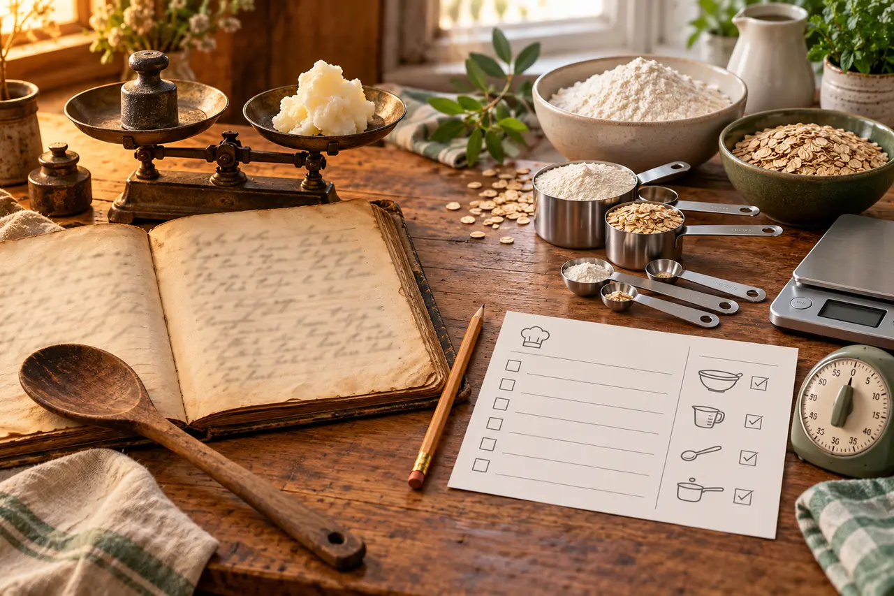 Historic handwritten cookbook beside modern measuring cups, a digital scale and a structured recipe card