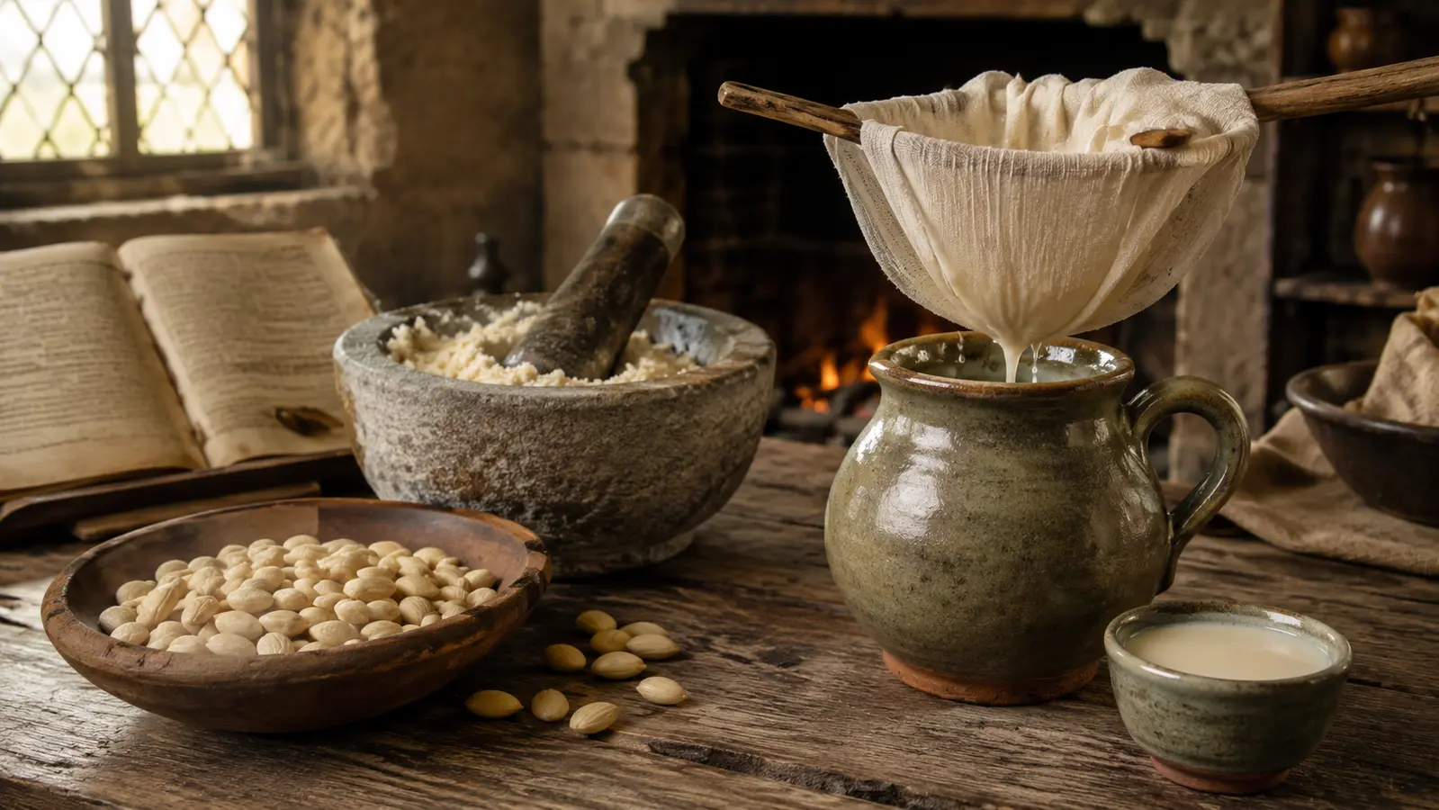 Medieval almond milk preparation with blanched almonds, stone mortar, linen straining cloth and ceramic jug in a historic kitchen