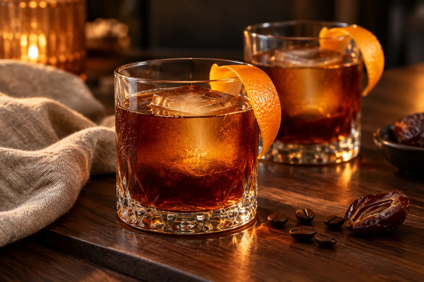 Midnight Ledger alcohol-free cold brew and date mocktail in two rocks glasses with large ice cubes and orange-peel garnishes