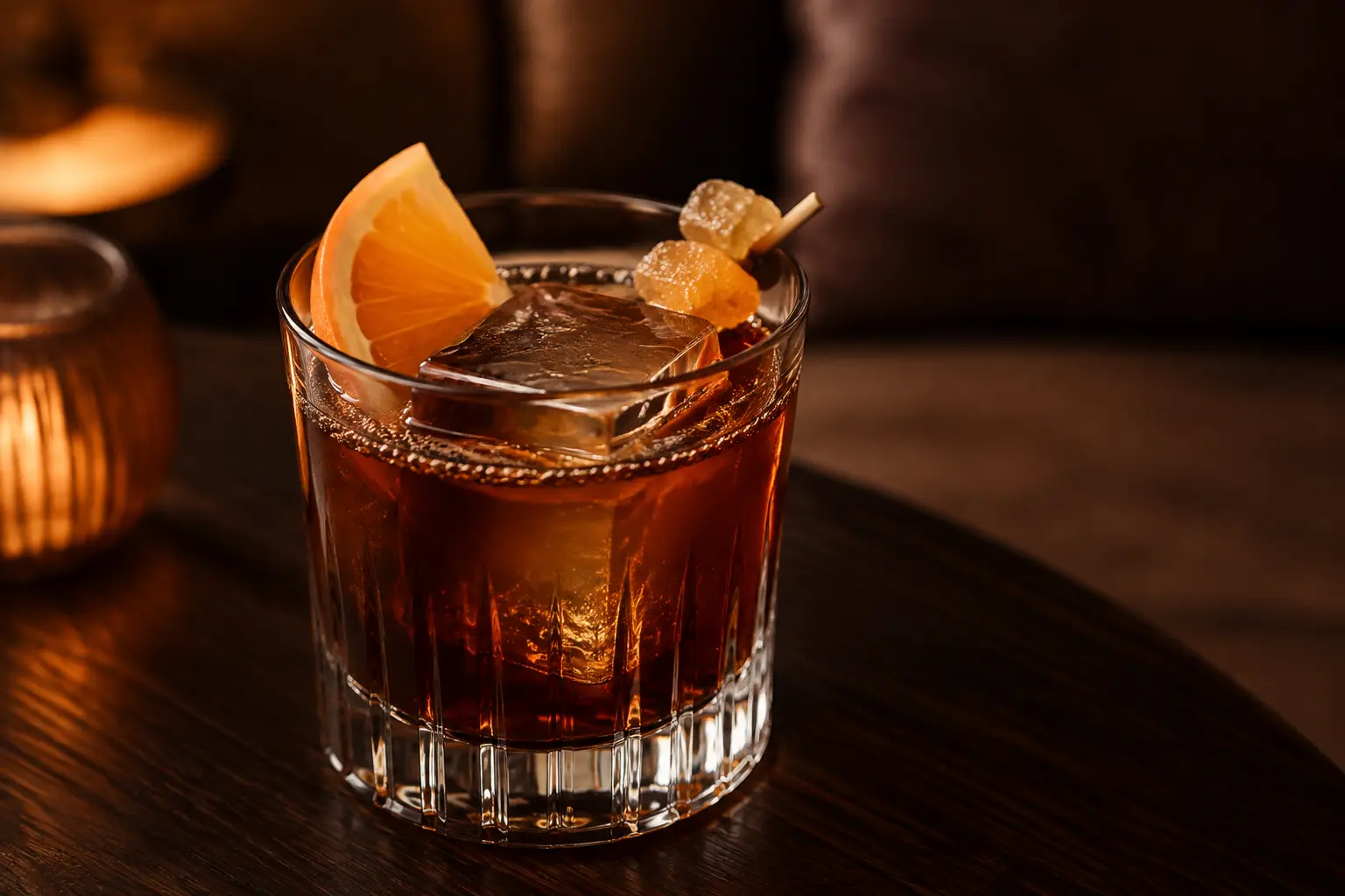 Deep mahogany tamarind orange mocktail over a large clear ice cube with orange and candied ginger garnish