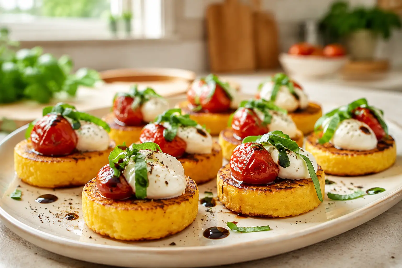 Golden mini polenta rounds topped with roasted cherry tomatoes, vegan mozzarella-style cream, basil and balsamic glaze